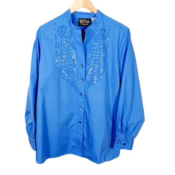 Bob Mackie Tops - Bob Mackie NWT, Size Med., Blue, Button Down Shirt W/ Sequins & Mandarin Collar